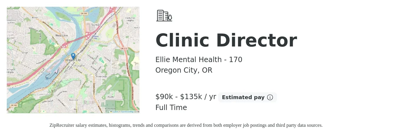 Ellie Mental Health - 170 job posting for a Clinic Director in Oregon City, OR with a salary of $90,000 to $135,000 Yearly with a map of Oregon City location.