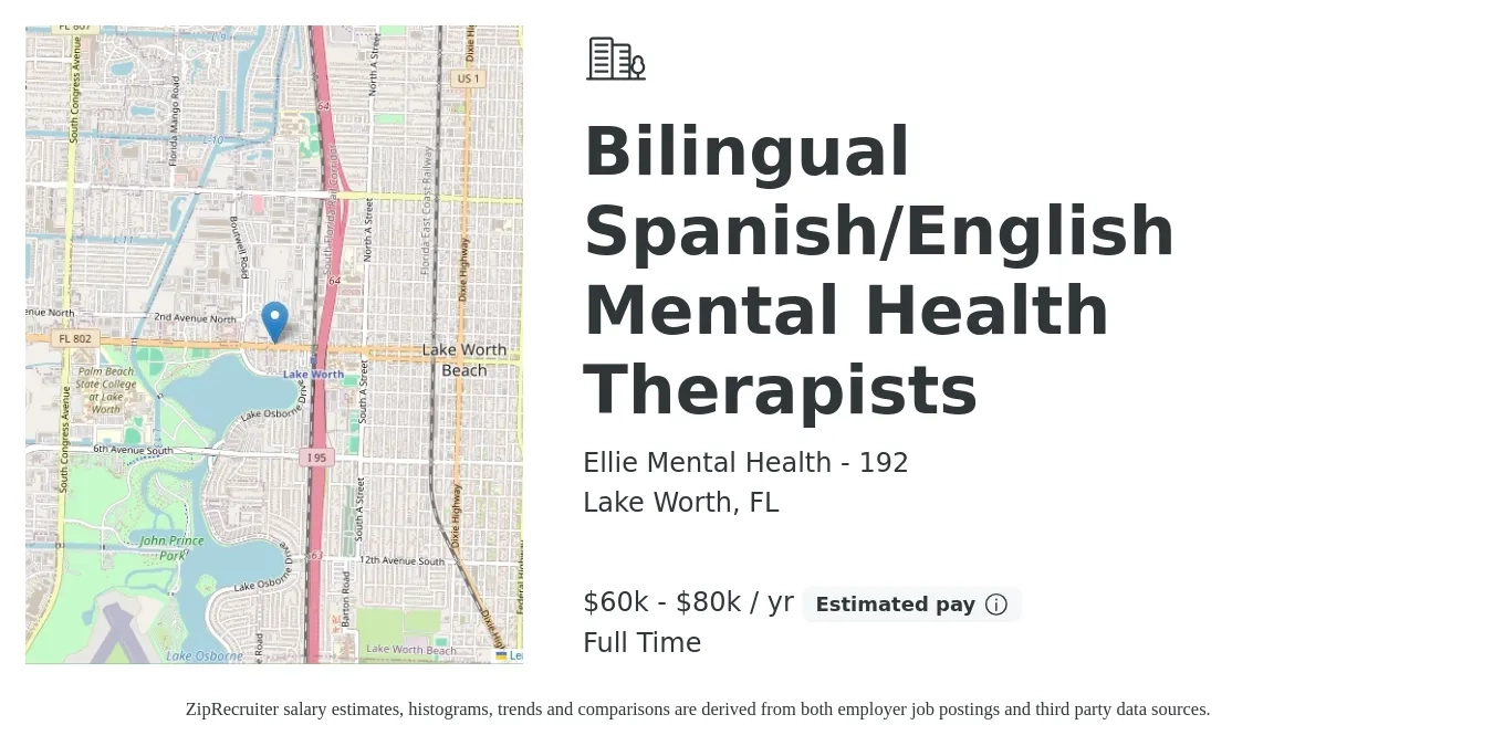 Ellie Mental Health - 192 job posting for a Bilingual Spanish/English Mental Health Therapists in Lake Worth, FL with a salary of $60,000 to $80,000 Yearly with a map of Lake Worth location.