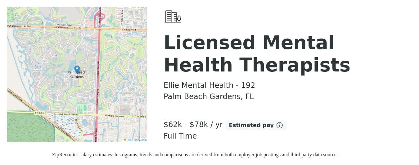 Ellie Mental Health - 192 job posting for a Licensed Mental Health Therapists in Palm Beach Gardens, FL with a salary of $62,000 to $78,000 Yearly with a map of Palm Beach Gardens location.