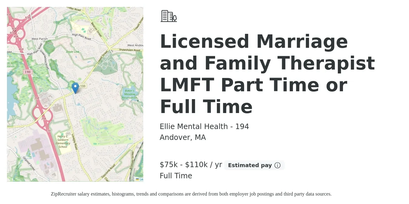 Ellie Mental Health - 194 job posting for a Licensed Marriage and Family Therapist LMFT Part Time or Full Time in Andover, MA with a salary of $75,000 to $110,000 Yearly with a map of Andover location.