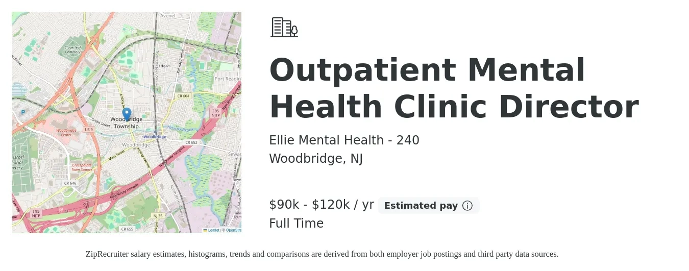 Ellie Mental Health - 240 job posting for a Outpatient Mental Health Clinic Director in Woodbridge, NJ with a salary of $90,000 to $120,000 Yearly with a map of Woodbridge location.