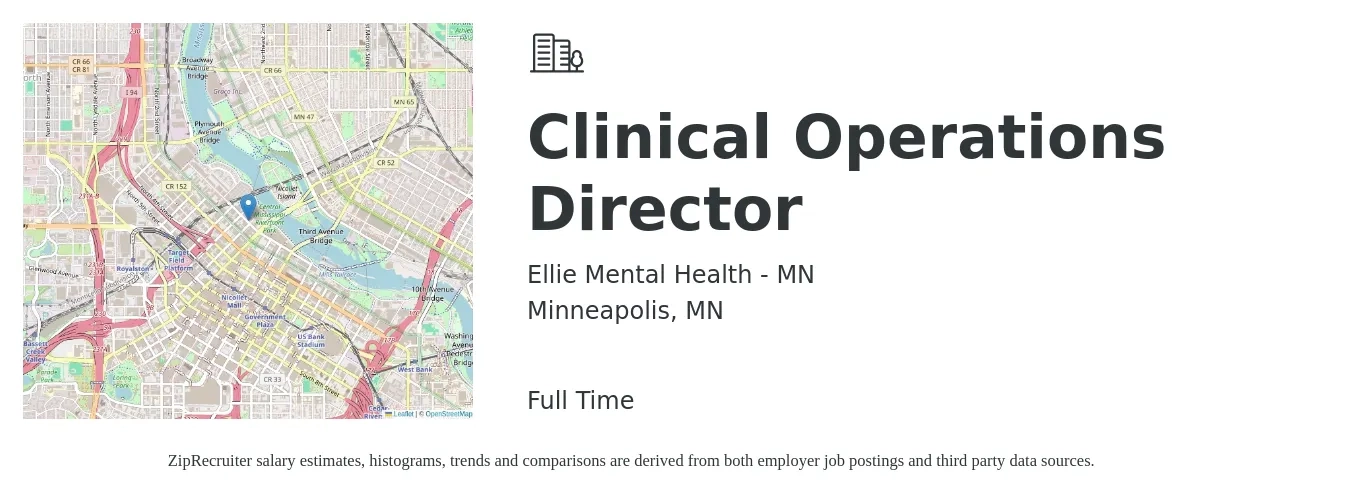 Ellie Mental Health - MN job posting for a Clinical Operations Director in Minneapolis, MN with a salary of $105,700 to $179,800 Yearly with a map of Minneapolis location.