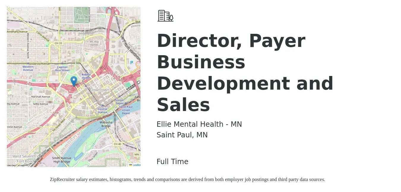 Ellie Mental Health - MN job posting for a Director, Payer Business Development and Sales in Saint Paul, MN with a salary of $85,900 to $144,500 Yearly with a map of Saint Paul location.