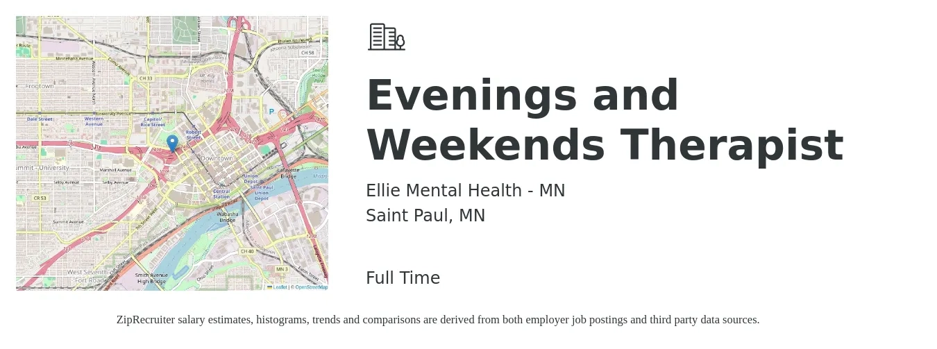 Ellie Mental Health - MN job posting for a Evenings and Weekends Therapist in Saint Paul, MN with a salary of $24 to $32 Hourly with a map of Saint Paul location.