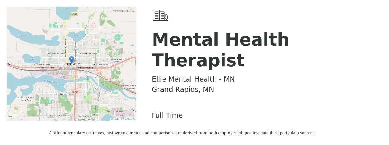 Ellie Mental Health - MN job posting for a Mental Health Therapist in Grand Rapids, MN with a salary of $56,700 to $80,300 Yearly with a map of Grand Rapids location.