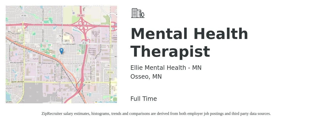 Ellie Mental Health - MN job posting for a Mental Health Therapist in Osseo, MN with a salary of $62,700 to $88,900 Yearly with a map of Osseo location.