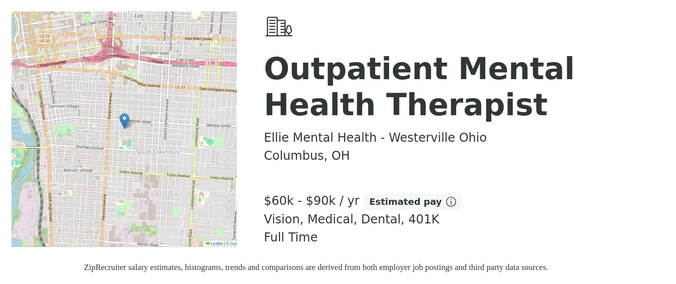 Ellie Mental Health - Westerville Ohio job posting for a Outpatient Mental Health Therapist in Columbus, OH with a salary of $60,000 to $90,000 Yearly and benefits including medical, vision, 401k, and dental with a map of Columbus location.