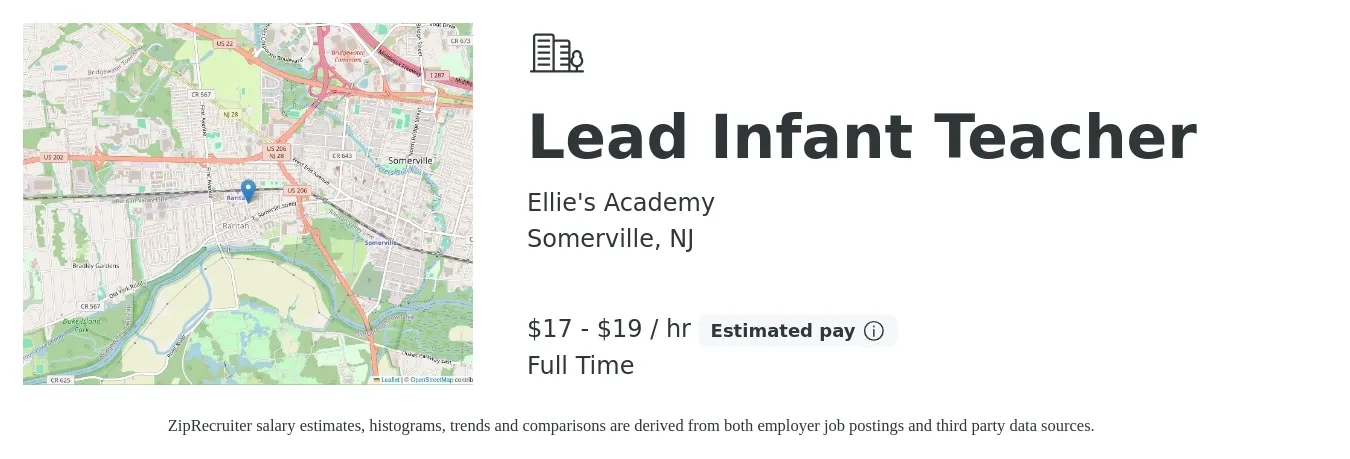 Ellie's Academy job posting for a Lead Infant Teacher in Somerville, NJ with a salary of $18 to $20 Hourly with a map of Somerville location.