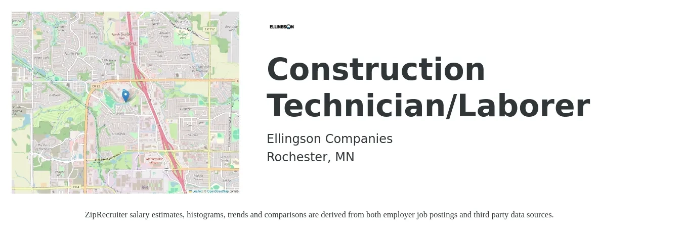 Ellingson Companies job posting for a Construction Technician/Laborer in Rochester, MN with a salary of $24 to $33 Hourly with a map of Rochester location.