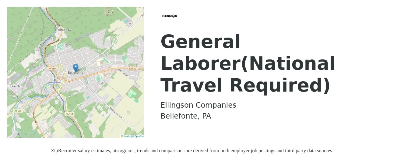 Ellingson Companies job posting for a General Laborer(National Travel Required) in Bellefonte, PA with a salary of $22 Hourly with a map of Bellefonte location.