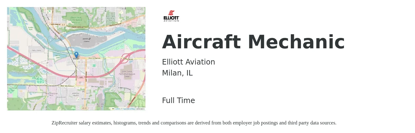 Elliott Aviation job posting for a Aircraft Mechanic in Milan, IL with a salary of $28 to $36 Hourly with a map of Milan location.