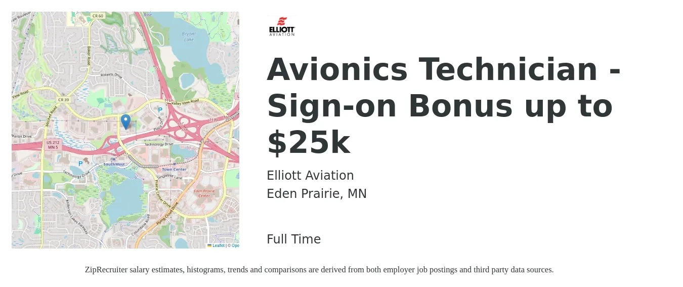 Elliott Aviation job posting for a Avionics Technician - Sign-on Bonus up to $25k in Eden Prairie, MN with a salary of $30 to $40 Hourly with a map of Eden Prairie location.
