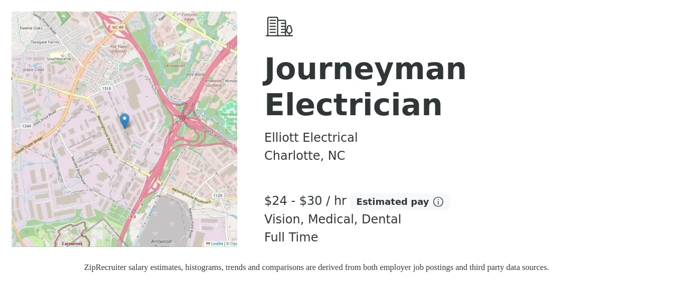 Elliott Electrical job posting for a Journeyman Electrician in Charlotte, NC with a salary of $25 to $32 Hourly and benefits including vision, dental, life_insurance, and medical with a map of Charlotte location.