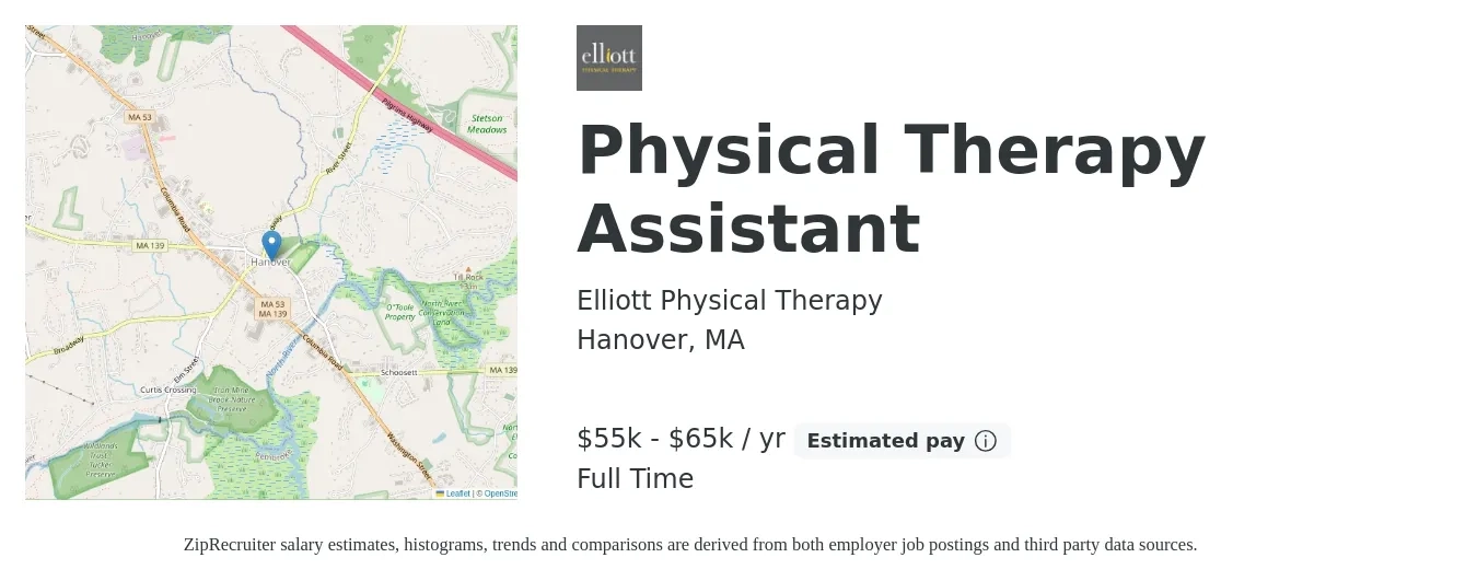 Elliott Physical Therapy job posting for a Physical Therapy Assistant in Hanover, MA with a salary of $55,000 to $65,000 Yearly with a map of Hanover location.