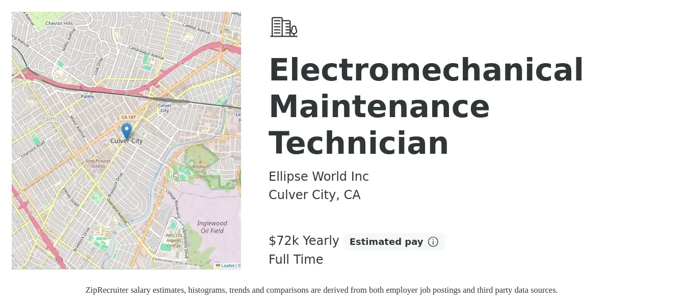Ellipse World Inc job posting for a Electromechanical Maintenance Technician in Culver City, CA with a salary of $72,000 Yearly with a map of Culver City location.