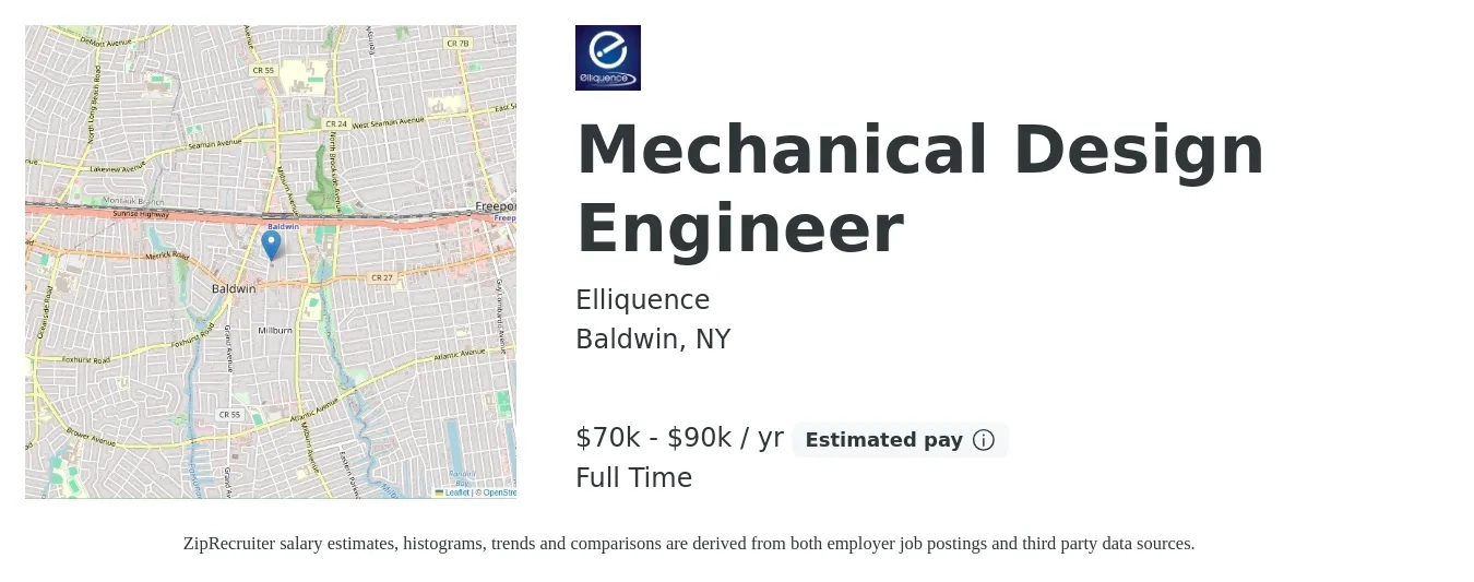 Elliquence job posting for a Mechanical Design Engineer in Baldwin, NY with a salary of $70,000 to $90,000 Yearly with a map of Baldwin location.