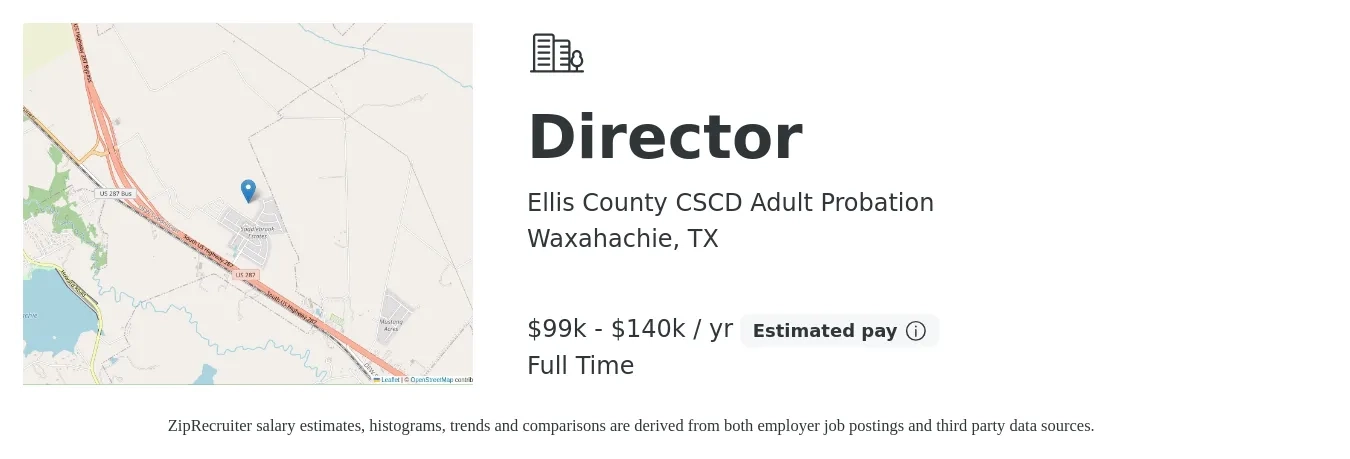 Ellis County CSCD Adult Probation job posting for a Director in Waxahachie, TX with a salary of $99,000 to $140,000 Yearly with a map of Waxahachie location.