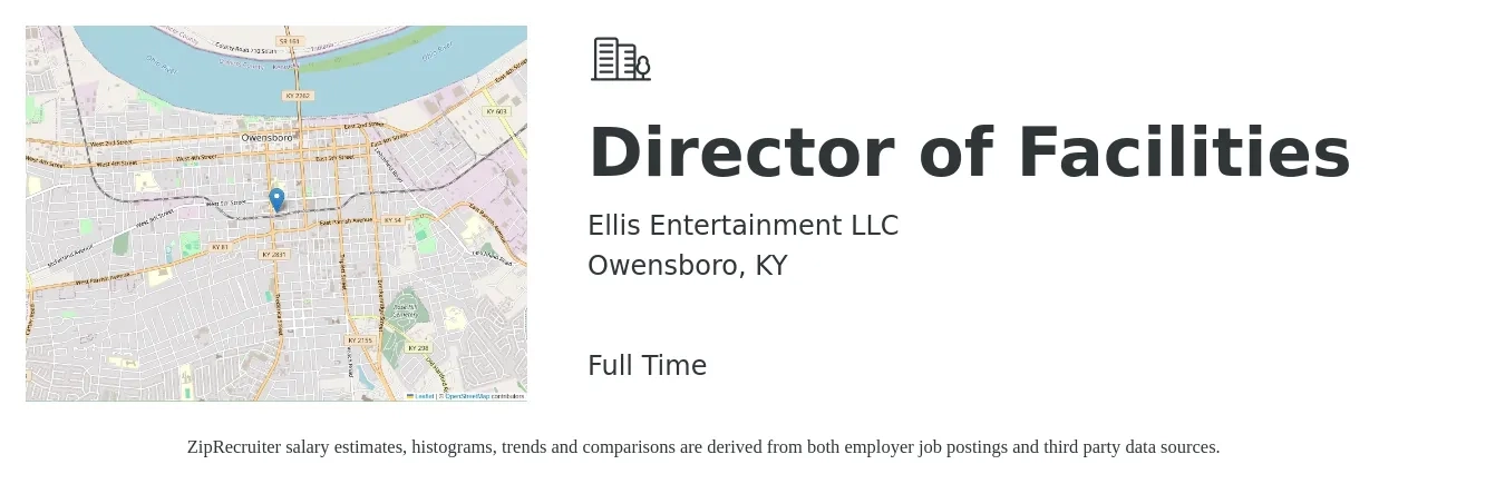 Ellis Entertainment LLC job posting for a Director of Facilities in Owensboro, KY with a salary of $77,100 to $169,300 Yearly with a map of Owensboro location.