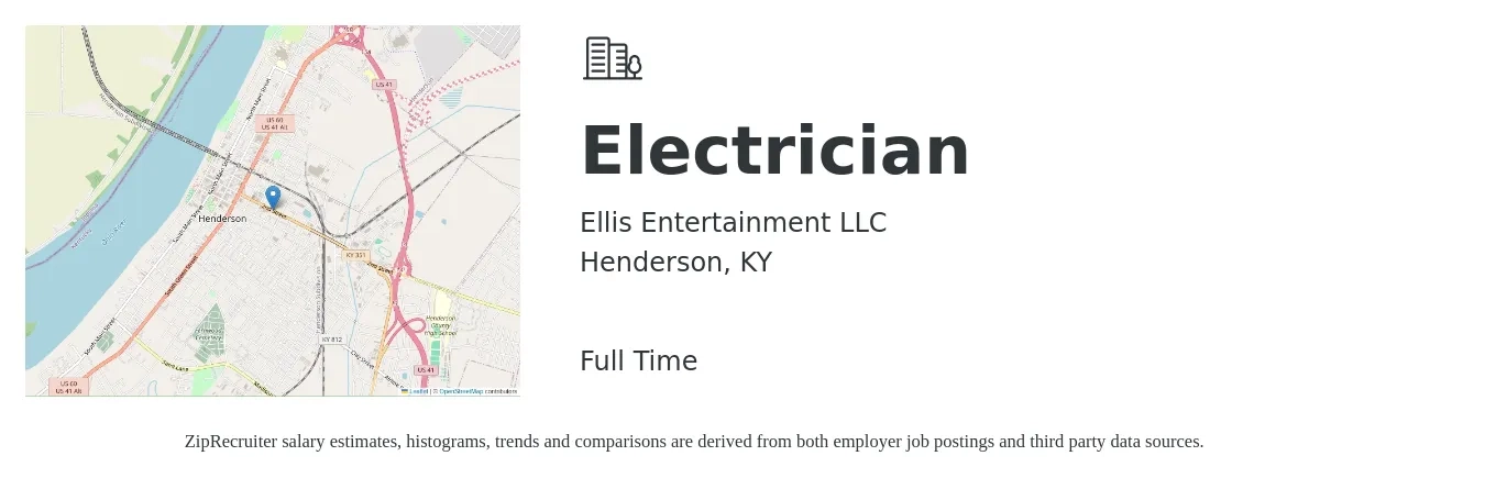 Ellis Entertainment LLC job posting for a Electrician in Henderson, KY with a salary of $20 to $28 Hourly with a map of Henderson location.