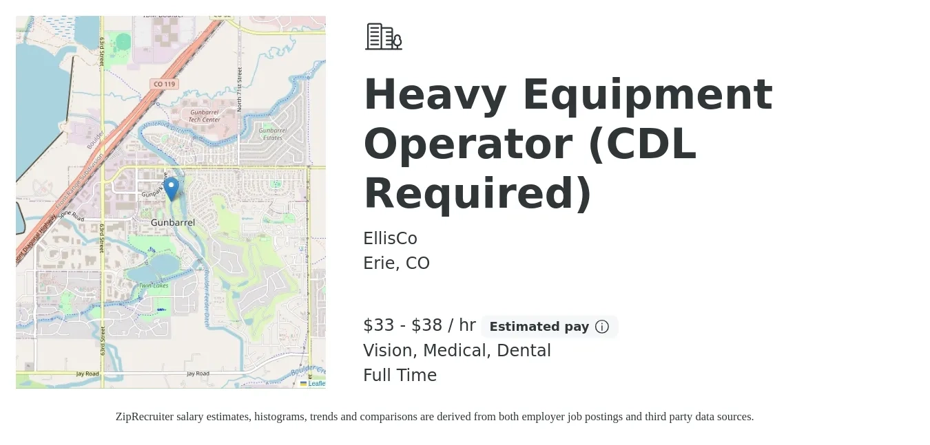 EllisCo job posting for a Heavy Equipment Operator (CDL Required) in Erie, CO with a salary of $35 to $40 Hourly and benefits including retirement, vision, dental, life_insurance, and medical with a map of Erie location.