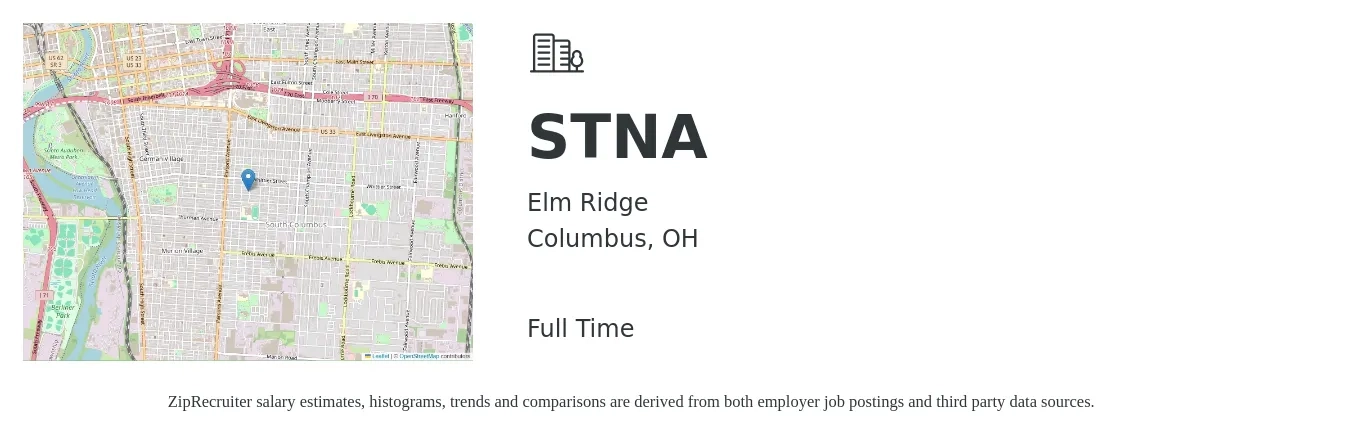 Elm Ridge job posting for a STNA in Columbus, OH with a salary of $14 to $19 Hourly with a map of Columbus location.
