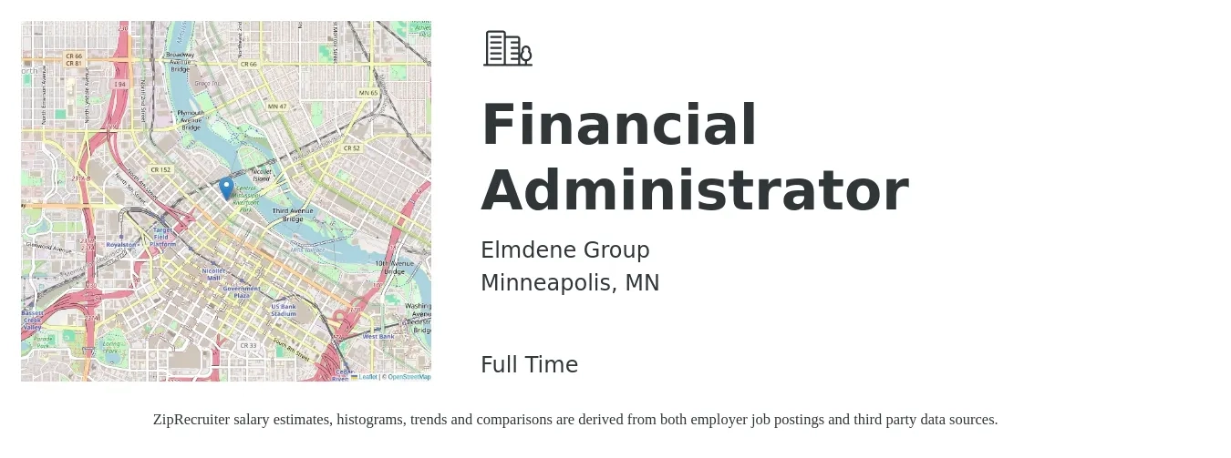 Elmdene Group job posting for a Financial Administrator in Minneapolis, MN with a salary of $45,000 to $65,000 Yearly with a map of Minneapolis location.