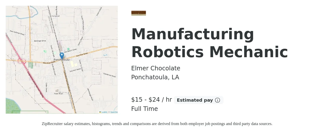 Elmer Chocolate job posting for a Manufacturing Robotics Mechanic in Ponchatoula, LA with a salary of $16 to $25 Hourly with a map of Ponchatoula location.