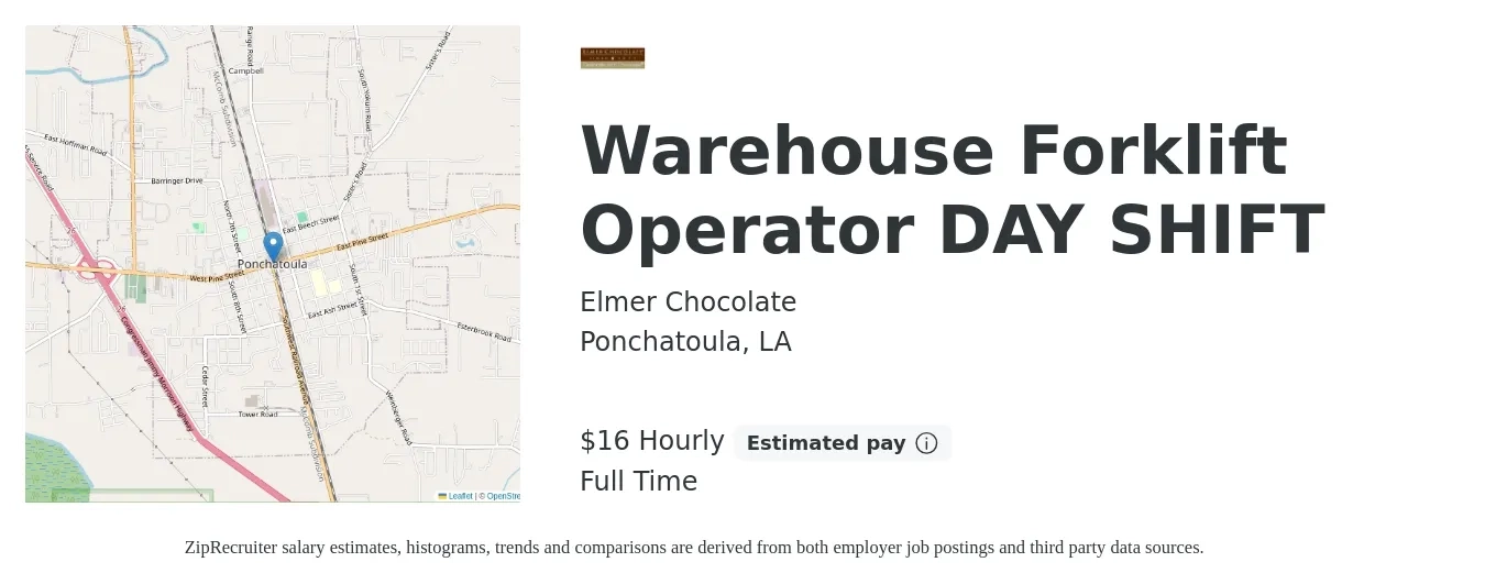 Elmer Chocolate job posting for a Warehouse Forklift Operator DAY SHIFT in Ponchatoula, LA with a salary of $17 Hourly with a map of Ponchatoula location.