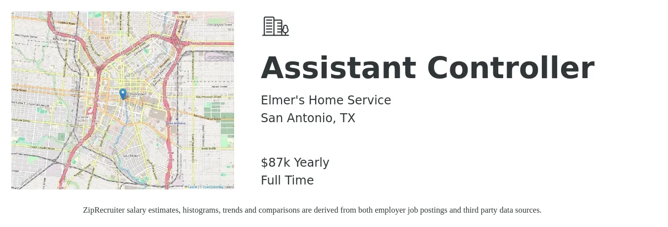 Elmer's Home Service job posting for a Assistant Controller in San Antonio, TX with a salary of $87,000 Yearly with a map of San Antonio location.
