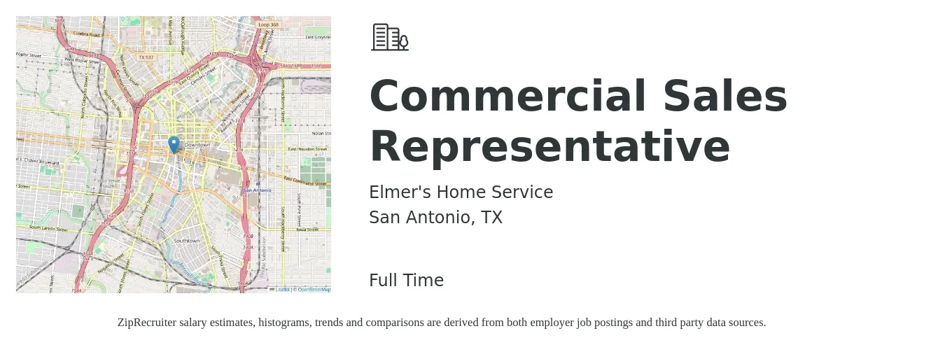 Elmer's Home Service job posting for a Commercial Sales Representative in San Antonio, TX with a salary of $41,000 to $59,500 Yearly with a map of San Antonio location.