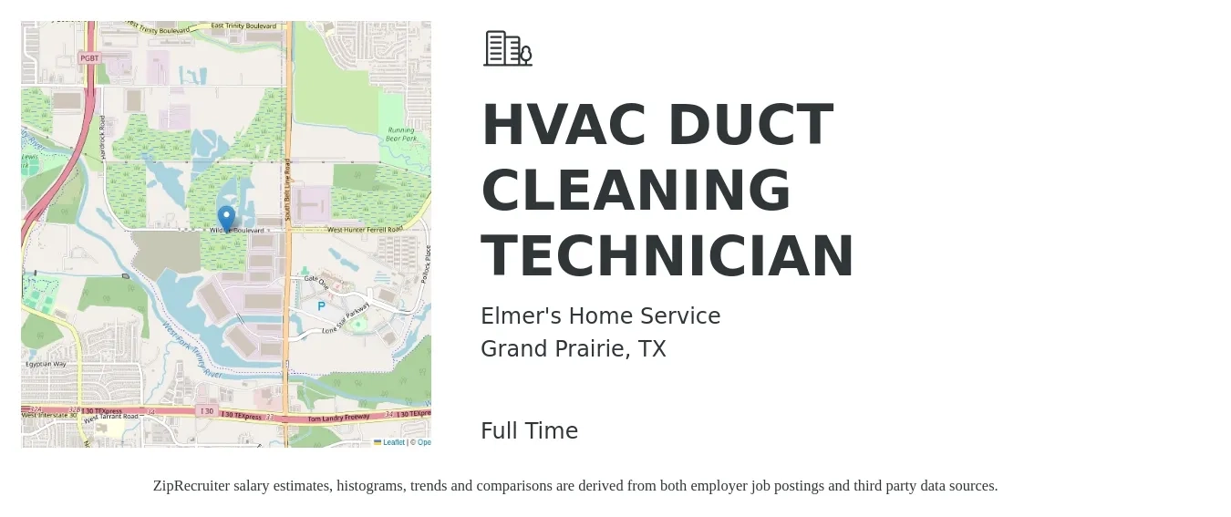 Elmer's Home Service job posting for a HVAC DUCT CLEANING TECHNICIAN in Grand Prairie, TX with a salary of $22 to $32 Hourly with a map of Grand Prairie location.