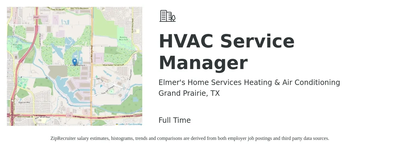 Elmer's Home Services Heating & Air Conditioning job posting for a HVAC Service Manager in Grand Prairie, TX with a salary of $64,100 to $93,700 Yearly with a map of Grand Prairie location.