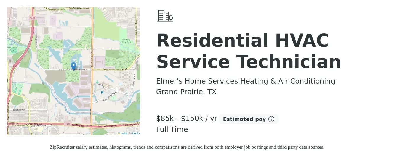 Elmer's Home Services Heating & Air Conditioning job posting for a Residential HVAC Service Technician in Grand Prairie, TX with a salary of $85,000 to $150,000 Yearly with a map of Grand Prairie location.
