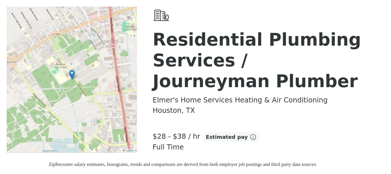 Elmer's Home Services Heating & Air Conditioning job posting for a Residential Plumbing Services / Journeyman Plumber in Houston, TX with a salary of $30 to $40 Hourly with a map of Houston location.