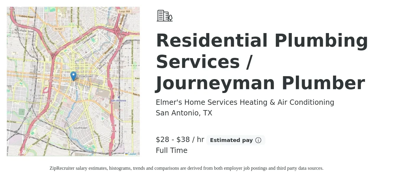 Elmer's Home Services Heating & Air Conditioning job posting for a Residential Plumbing Services / Journeyman Plumber in San Antonio, TX with a salary of $30 to $40 Hourly with a map of San Antonio location.