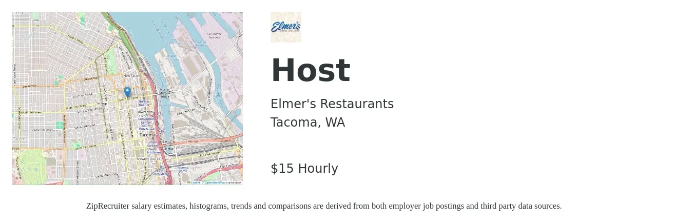 Elmer's Restaurants job posting for a Host in Tacoma, WA with a salary of $17 to $18 Hourly with a map of Tacoma location.