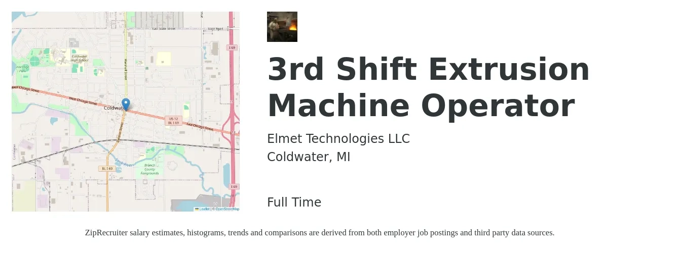 Elmet Technologies LLC job posting for a 3rd Shift Extrusion Machine Operator in Coldwater, MI with a salary of $20 Hourly with a map of Coldwater location.