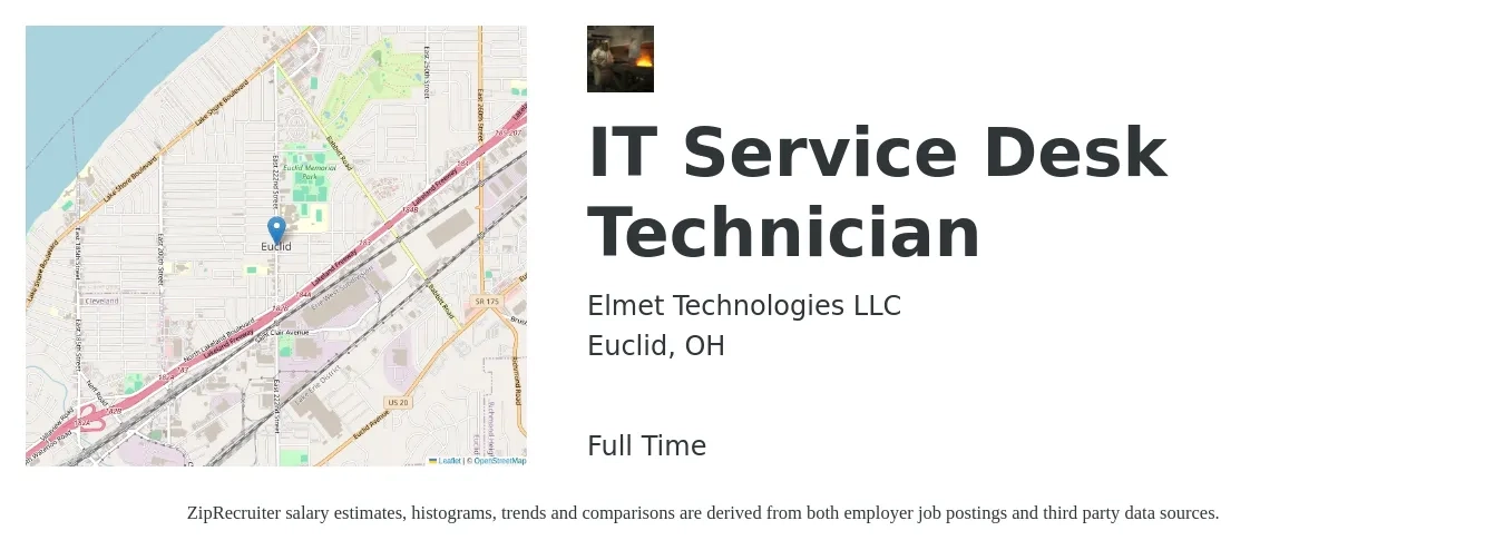 Elmet Technologies LLC job posting for a IT Service Desk Technician in Euclid, OH with a salary of $19 to $27 Hourly with a map of Euclid location.