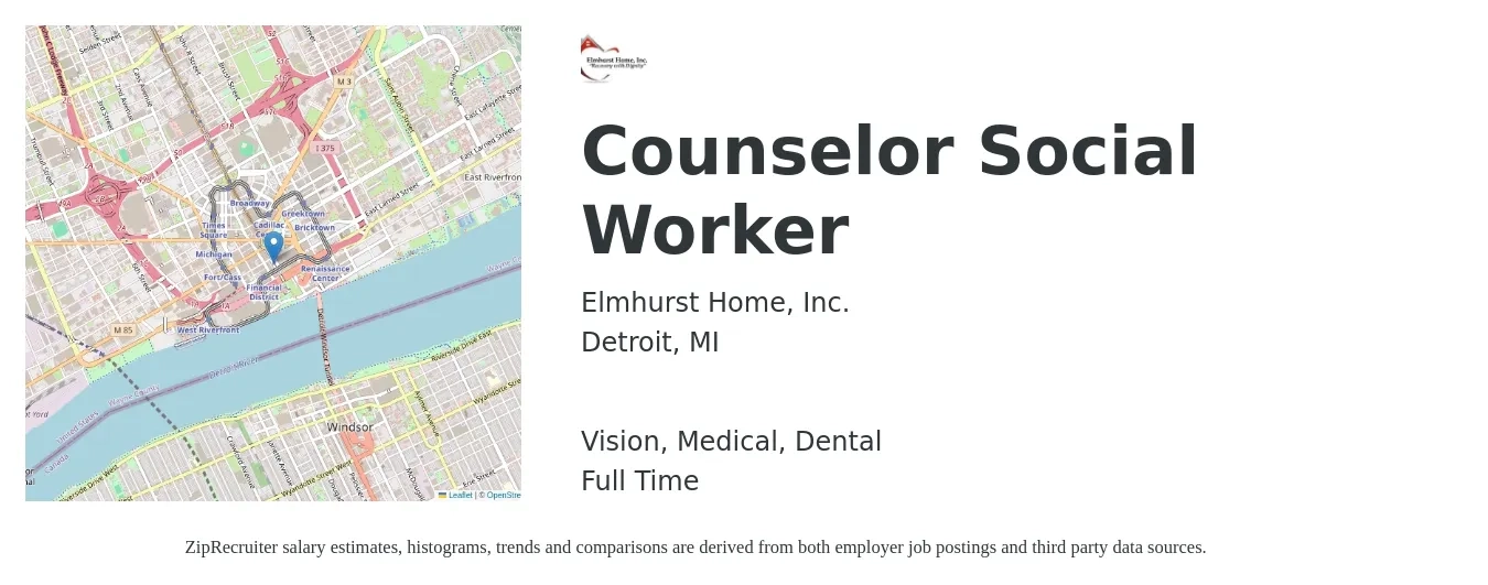 Elmhurst Home, Inc. job posting for a Counselor Social Worker in Detroit, MI with a salary of $24 to $34 Hourly and benefits including life_insurance, medical, vision, and dental with a map of Detroit location.