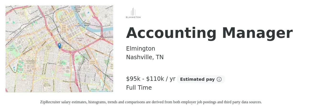 Elmington job posting for a Accounting Manager in Nashville, TN with a salary of $95,000 to $110,000 Yearly with a map of Nashville location.