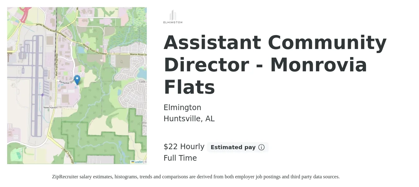 Elmington job posting for a Assistant Community Director - Monrovia Flats in Huntsville, AL with a salary of $18 to $22 Hourly with a map of Huntsville location.