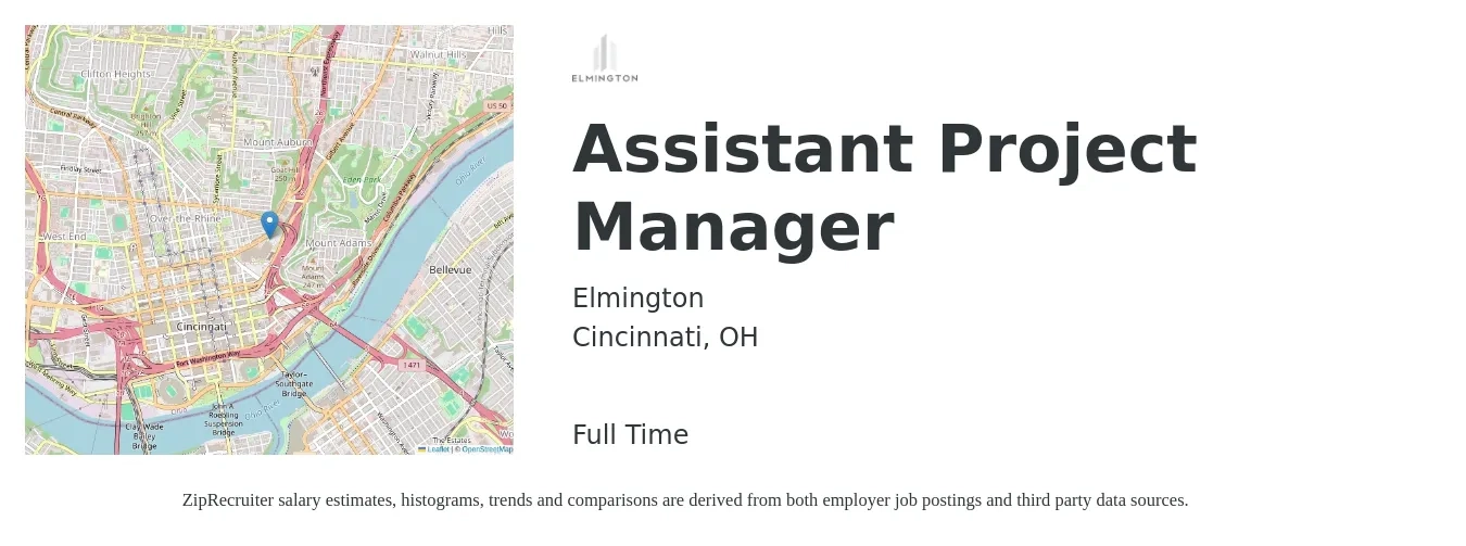 Elmington job posting for a Assistant Project Manager in Cincinnati, OH with a salary of $51,300 to $84,400 Yearly with a map of Cincinnati location.