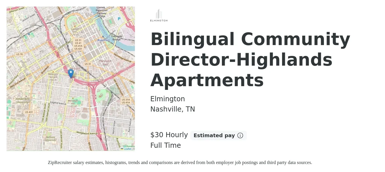 Elmington job posting for a Bilingual Community Director-Highlands Apartments in Nashville, TN with a salary of $65,000 Yearly with a map of Nashville location.