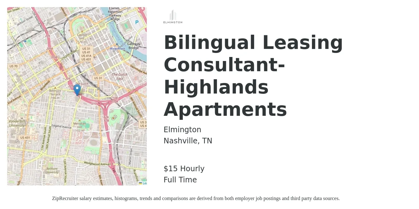 Elmington job posting for a Bilingual Leasing Consultant- Highlands Apartments in Nashville, TN with a salary of $16 Hourly with a map of Nashville location.