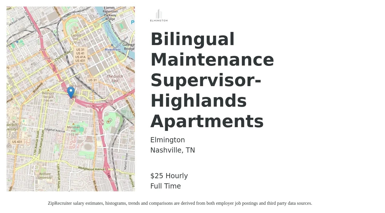 Elmington job posting for a Bilingual Maintenance Supervisor- Highlands Apartments in Nashville, TN with a salary of $27 Hourly with a map of Nashville location.
