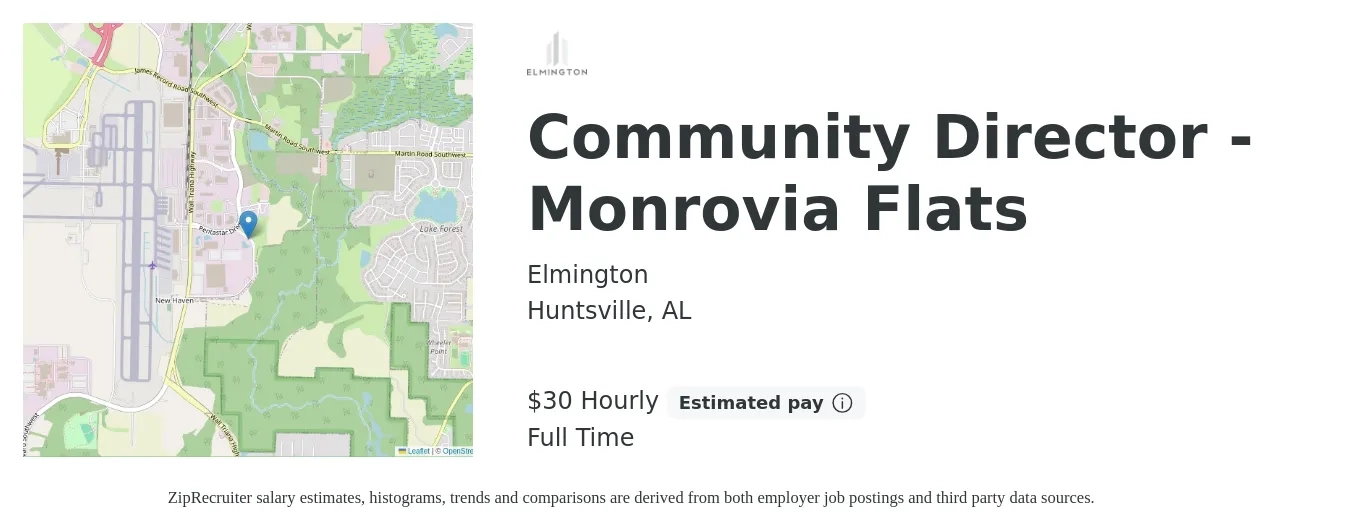Elmington job posting for a Community Director - Monrovia Flats in Huntsville, AL with a salary of $23 to $32 Hourly with a map of Huntsville location.