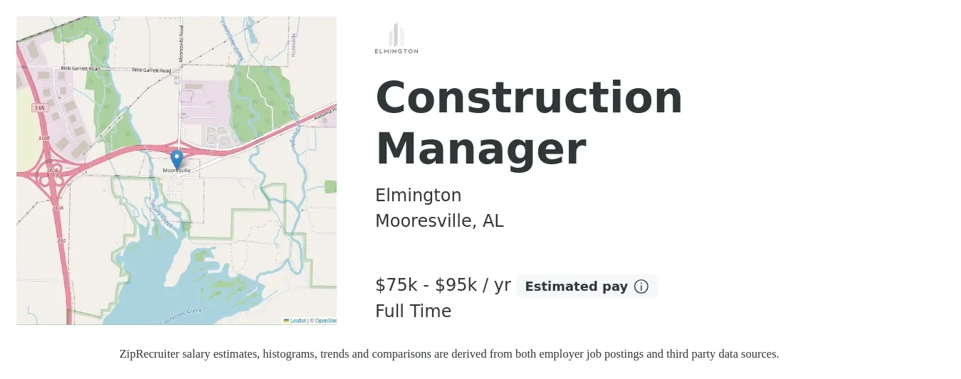 Elmington job posting for a Construction Manager in Mooresville, AL with a salary of $75,000 to $95,000 Yearly with a map of Mooresville location.