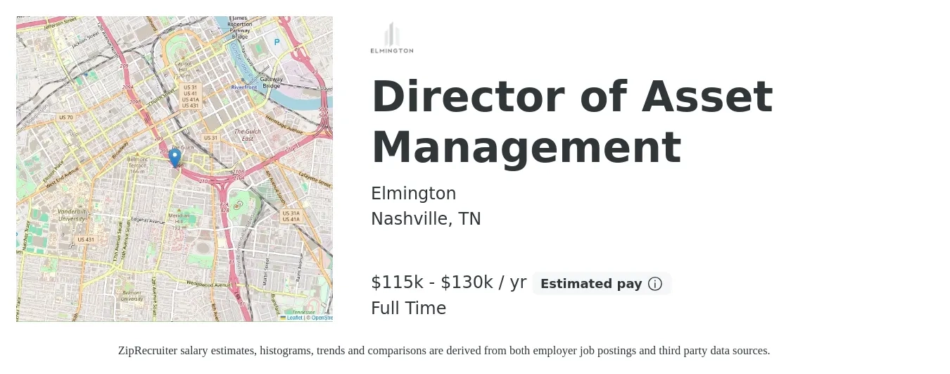 Elmington job posting for a Director of Asset Management in Nashville, TN with a salary of $115,000 to $130,000 Yearly with a map of Nashville location.