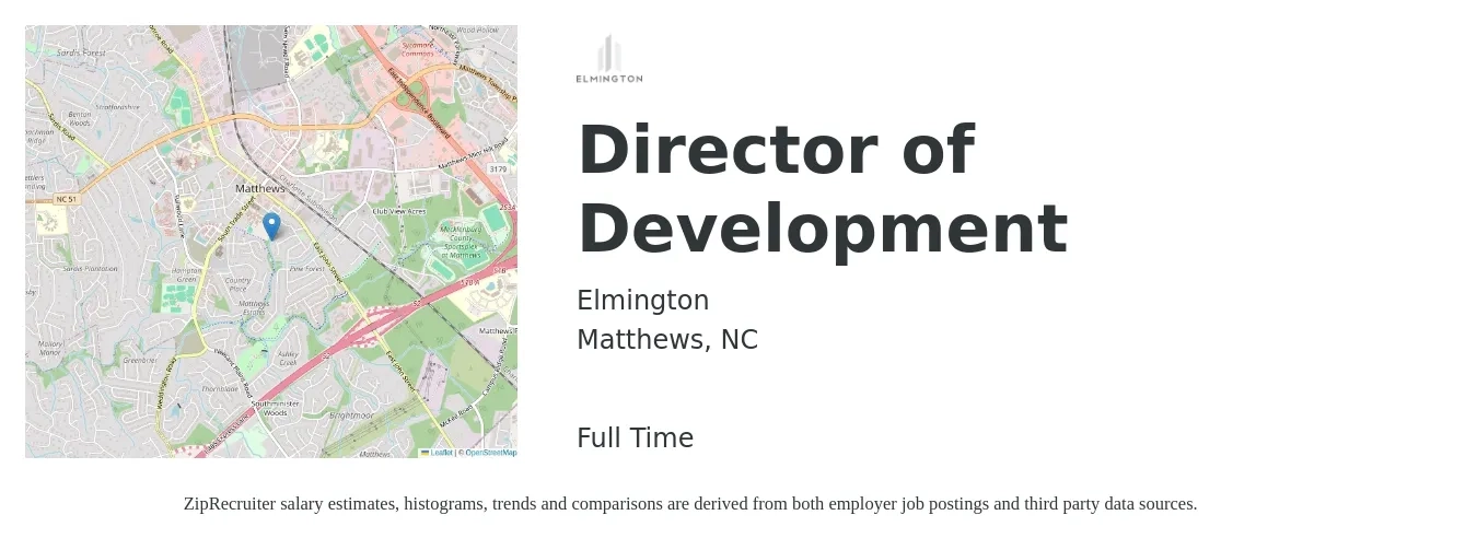 Elmington job posting for a Director of Development in Matthews, NC with a salary of $65,800 to $102,000 Yearly with a map of Matthews location.