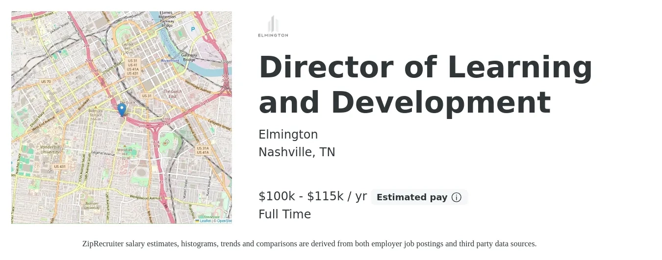 Elmington job posting for a Director of Learning and Development in Nashville, TN with a salary of $100,000 to $115,000 Yearly with a map of Nashville location.